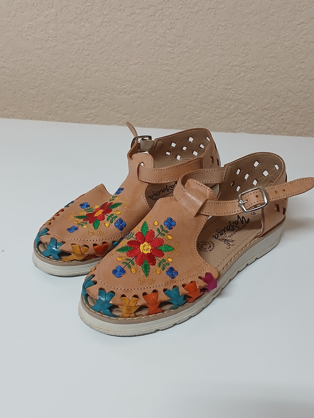 Leather Embroidered Tan Women's Sandals with Multicolor Accents